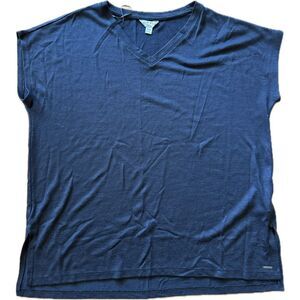 Orvis Shirt Womens Small Black Short Sleeve V Neck Basic Top Tee Stretch Slit Wo